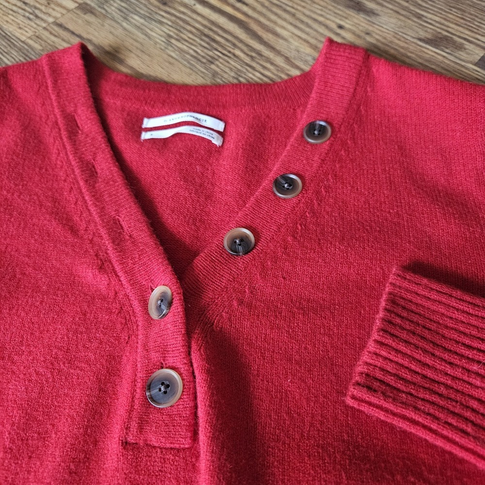 Anthropologie S V-Neck 1/4 Button Up Sweater Red Cardigan XLong Oversized Ribbed